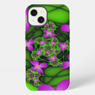 Etui iPhone 13 Fleurs fractales abstraites néon rose vert moderne