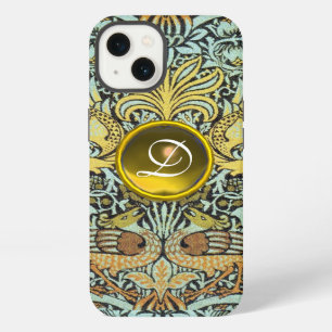 ETUI iPhone 13  FLEURS, PAONS ET DRAGONS JAUNE GEMME MONOGRAMME