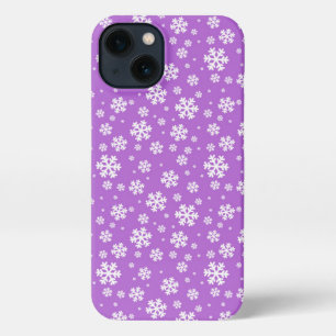 Etui iPhone 13 Flocons blancs sur motif violet d'hiver