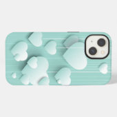Etui iPhone 13 Fond vert clair avec des cœurs blancs en 3D (Verso Horizontal)