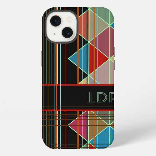 Etui iPhone 13 Formes de triangle rayé avec initiales sur fond no (Verso)