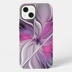 Etui iPhone 13 Fractal Floral Moderne Abstrait Fleur Rose Gris