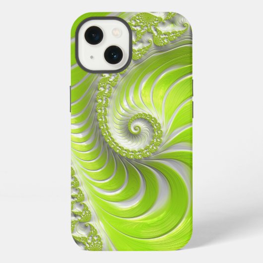 Etui iPhone 13 Fractale en spirale vert citron abstrait (Verso)