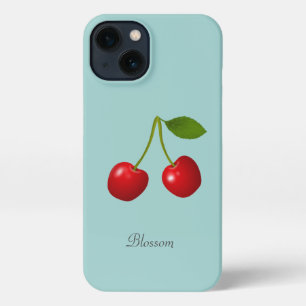 Etui iPhone 13 Fruits de cerisier élégants et nom sur fond bleu c
