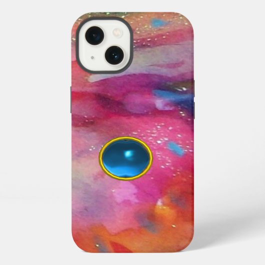 Etui iPhone 13 FUCHSIA ROSE ABSTRAITE pierre saphir bleu (Verso)