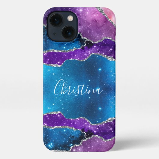 Etui iPhone 13 Galaxy violet, bleu marbré Agate et Parties scinti (Verso)
