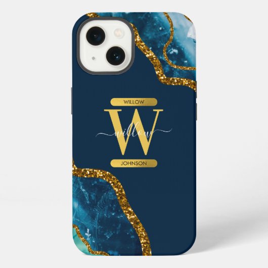 Etui iPhone 13 Géode de l'agate Bleu & Or Monogramme (Verso)
