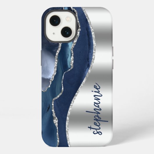 Etui iPhone 13 Glam Agate Geode Métallic Argent Bleu Nom (Verso)