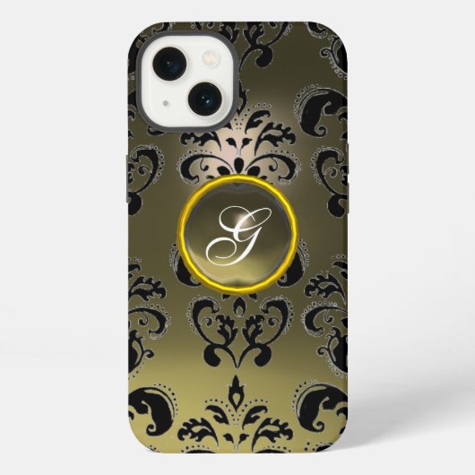 Etui iPhone 13 GREY BLACK DAMASK GEMME MONOGRAMME Floral (Verso)