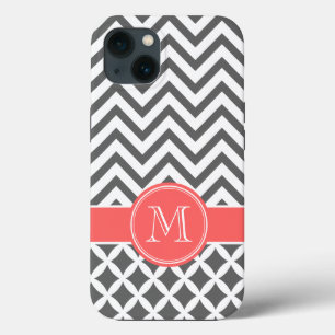 Etui iPhone 13 Gris de charbon et corail Chevron Monogramme