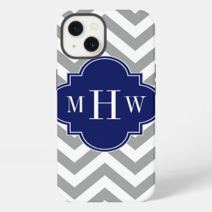 Etui iPhone 13 Gris foncé Lg Chevron Navy Quatrefeuilles 3 Monogr