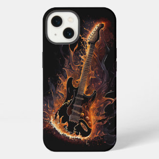 Etui iPhone 13 Guitare en feu Art IA Noir