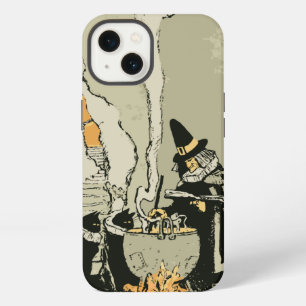 Etui iPhone 13 Halloween vintage, sorcière avec chaudron et chats