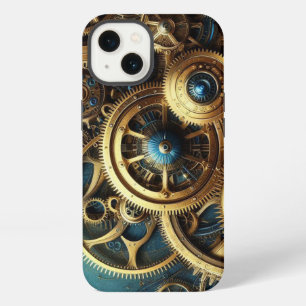 Etui iPhone 13 Horloge Steampunk Or et Sarcelle