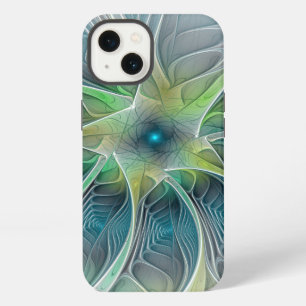 Etui iPhone 13 Imaginaire fleuri Moderne Bleu Vert Fractal Fleur