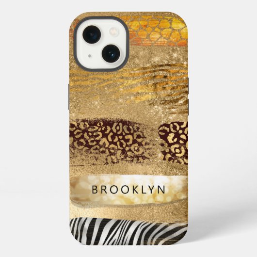 Etui iPhone 13 Impression léopard zèbre girafe guépard fille doré (Verso)
