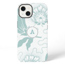 Imprimé Floral Teal Rustique Et Blanc Avec Monogra