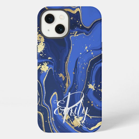Etui iPhone 13 Indigo Blue Agate Marbre Nom Abstrait Monogramme (Verso)