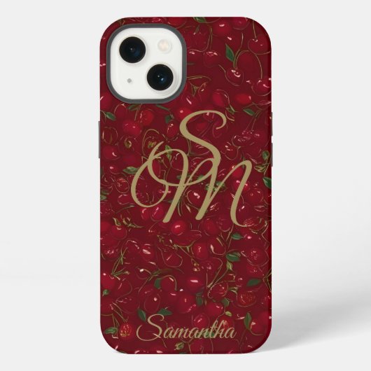 Etui iPhone 13 Initiales dorées sur fruit rouge : monogramme ceri (Verso)