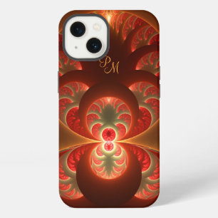 Etui iPhone 13 Initiales fractales abstraites lumineuses orange r