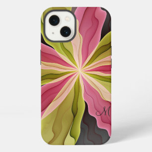 Etui iPhone 13 Joie, Monogramme Fractal de Fleur Anthracite Vert