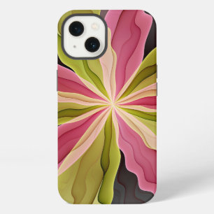 Etui iPhone 13 Joie, Rose Vert Anthracite Fantaisie Fleur Fractal