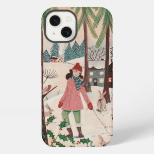 Etui iPhone 13 Jolie Fille sur Balançoire Rose Vert Illustré