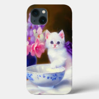 Kitten blanc vintage avec ruban violet