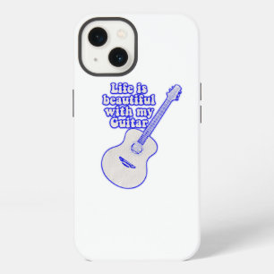 Etui iPhone 13 La vie est belle avec ma guitare. bleu vintage