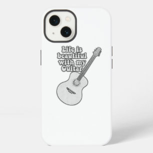 Etui iPhone 13 La vie est belle avec ma guitare. noir et blanc