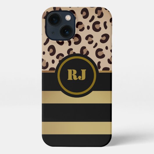 Etui iPhone 13 Léonard moderne Imprimé or noir rayures Monogramme (Verso)