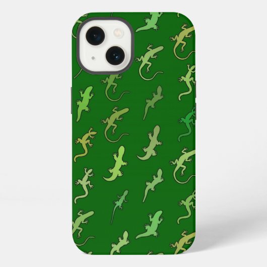 Etui iPhone 13 Lézards et geckos, sur fond vert pin (Verso)