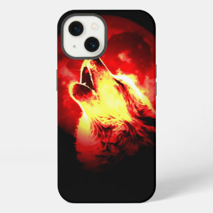 Etui iPhone 13 Loup, Lune & Ciel Rouge