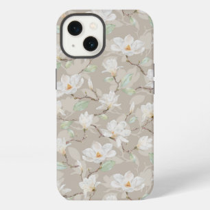 Etui iPhone 13 Magnolia blanc peint à la main sur beige rosé