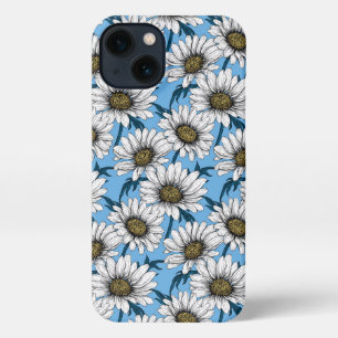 Etui iPhone 13 Maisonnettes, fleurs sauvages sur bleu