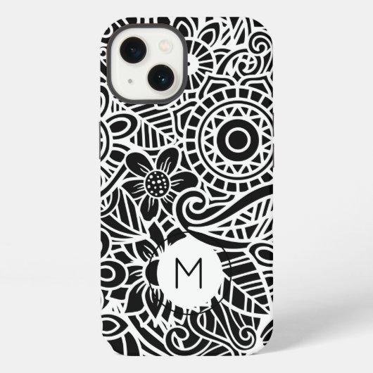 Etui iPhone 13 Mandala Floral Moderne Monogramme INITIAL Noir Bla (Verso)