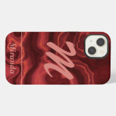 Etui iPhone 13 Marbre Agate Rouge Monogramme et Nom rose clair (Verso Horizontal)