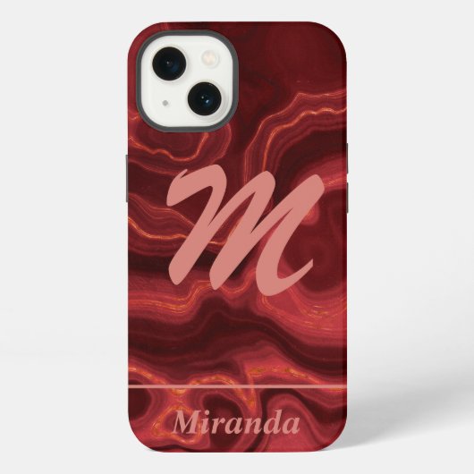 Etui iPhone 13 Marbre Agate Rouge Monogramme et Nom rose clair (Verso)