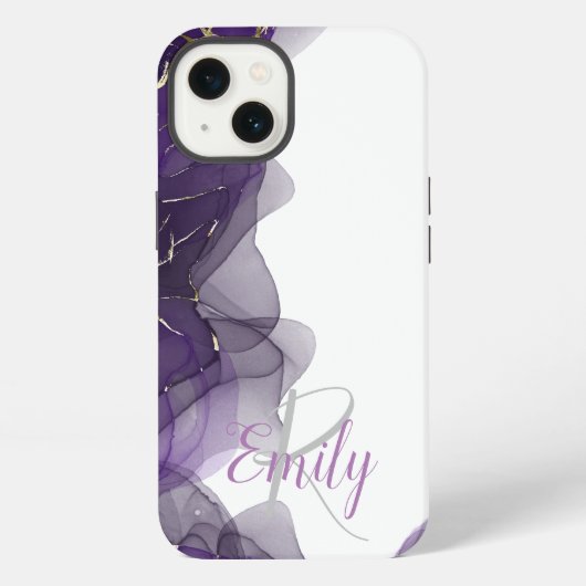Etui iPhone 13 Marbre d'agate blanc violet Abstrait Nom Monogramm (Verso)