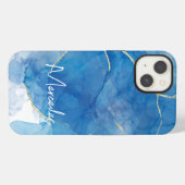Etui iPhone 13 Marbre d'agate bleu et blanc Abstrait Nom Monogram (Verso Horizontal)