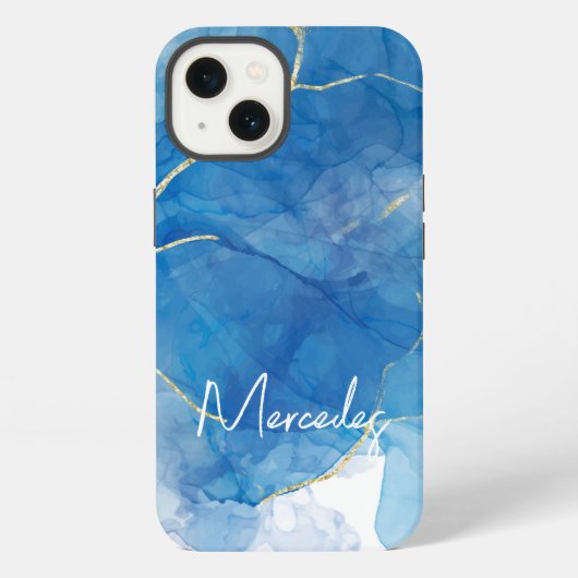 Etui iPhone 13 Marbre d'agate bleu et blanc Abstrait Nom Monogram (Verso)