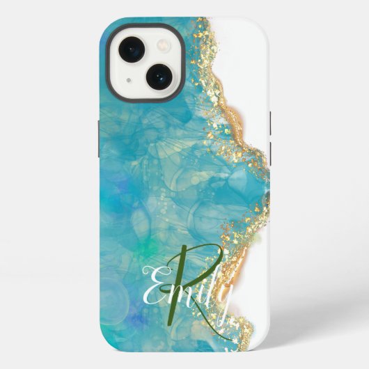 Etui iPhone 13 Marbre d'Agate turquoise et blanc Nom Abstrait Mon (Verso)