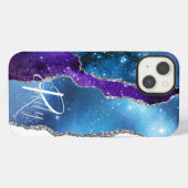 Etui iPhone 13 Marbre d'agate violet bleu Abstrait Nom Monogramme (Verso Horizontal)