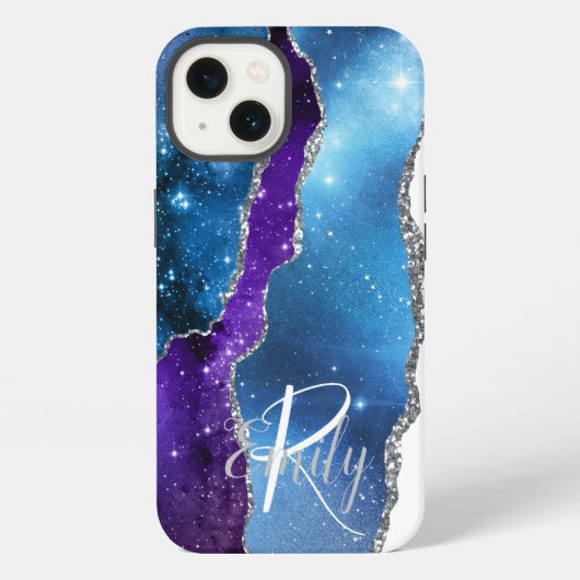Etui iPhone 13 Marbre d'agate violet bleu Abstrait Nom Monogramme (Verso)