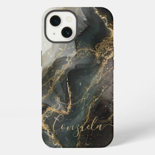 Etui iPhone 13 Marbre noir abstrait or (Verso)