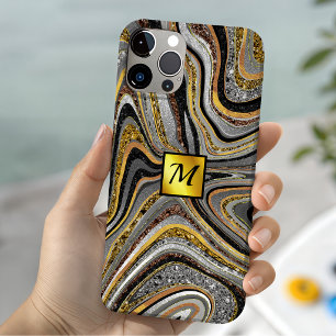 Etui iPhone 13 Marbre pailleté chic étincelle gris or monogramme