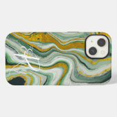Etui iPhone 13 Marbre vert et or Agate Nom Abstrait Monogramme (Verso Horizontal)