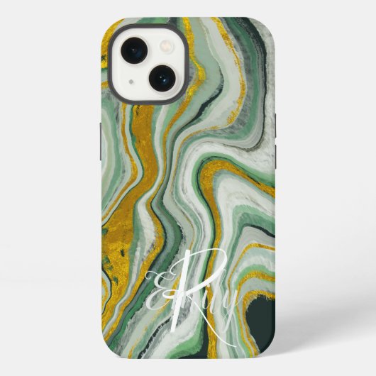 Etui iPhone 13 Marbre vert et or Agate Nom Abstrait Monogramme (Verso)