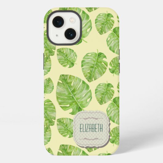 Etui iPhone 13 Mignon Chic Feuille de Banane Vert Blanc Nom Jaune (Verso)