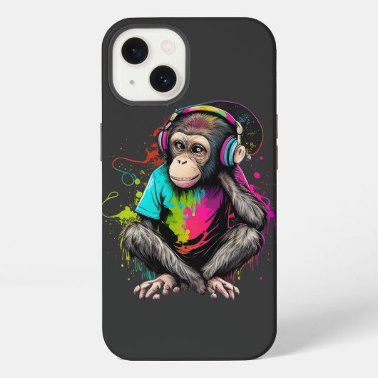 Etui iPhone 13 Mignons Singe Écouter Musique, Musique Singe Obséd (Verso)
